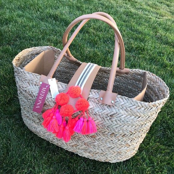 Merona Handbags - Straw beach bag with Pom poms